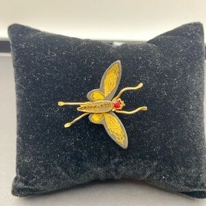Vintage Damascene Gold Tone Insect Brooch with Red Accent